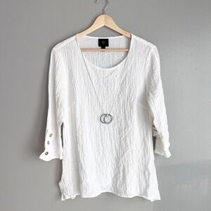 JM Collection Bright White Gauzy 3/4 Roll Tab Sleeve Top with Necklace Small NWT